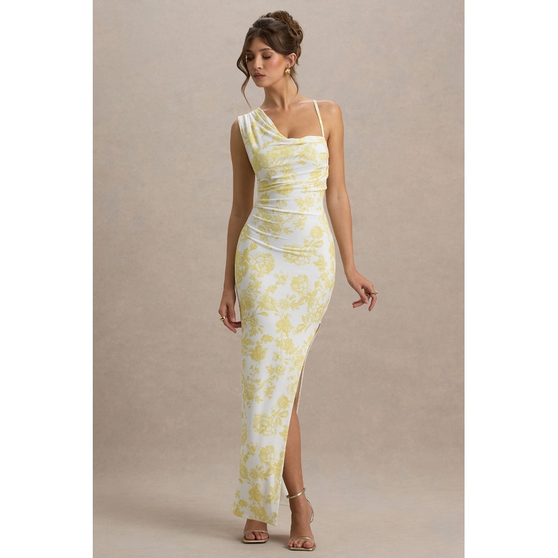 Sitara | Lemon Print Cowl-Neck Maxi Dress With Asymmetric Skirt