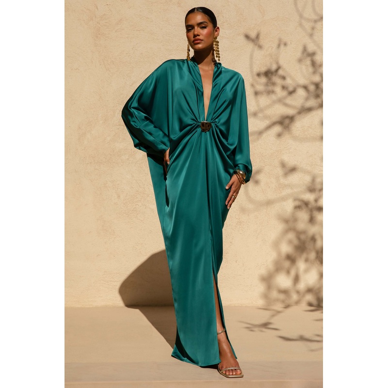 Tina | Dark Green Satin Plunge-Neck Embellished Maxi Dress