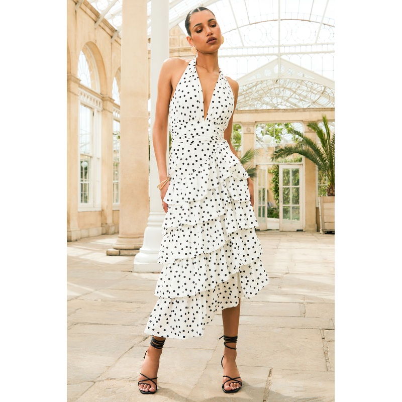 Violet | White Polka Dot Linen Midi Dress With Halter-Neck and Ruffled Skirt