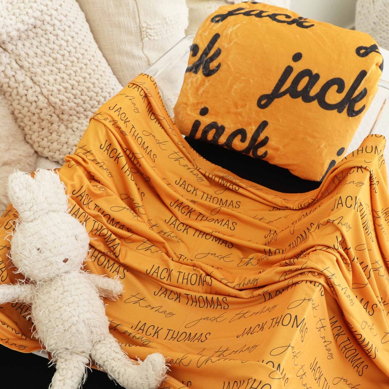 Personalized Gold & Black Swaddle Blanket – Block & Script
