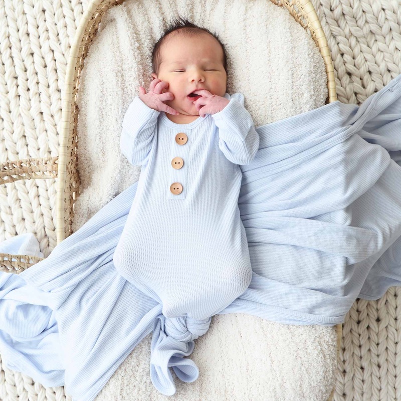 Ice Blue Bamboo Waffle Newborn Baby Knot Gown & Hat Set