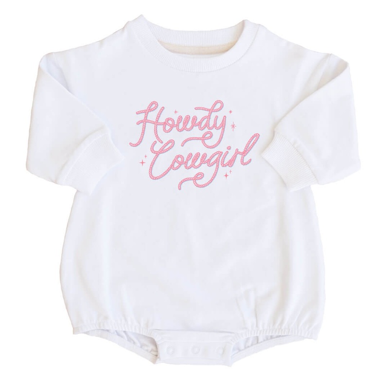Howdy Cowgirl Graphic Sweatshirt Bubble Romper | White
