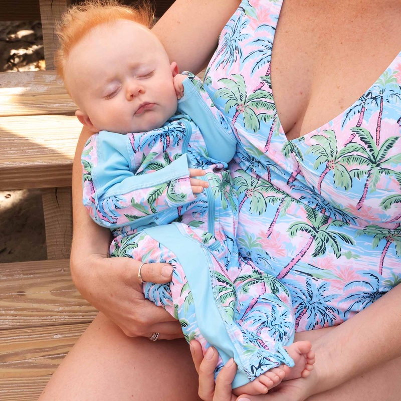 Long Sleeve Rash Guard Swim Romper Full Length | Pastel Palms