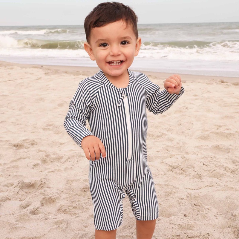 Long Sleeve Rash Guard Swim Romper Shortie | Seersucker Navy