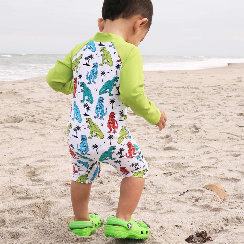 Long Sleeve Rash Guard Swim Romper Shortie | Tropical T-Rex