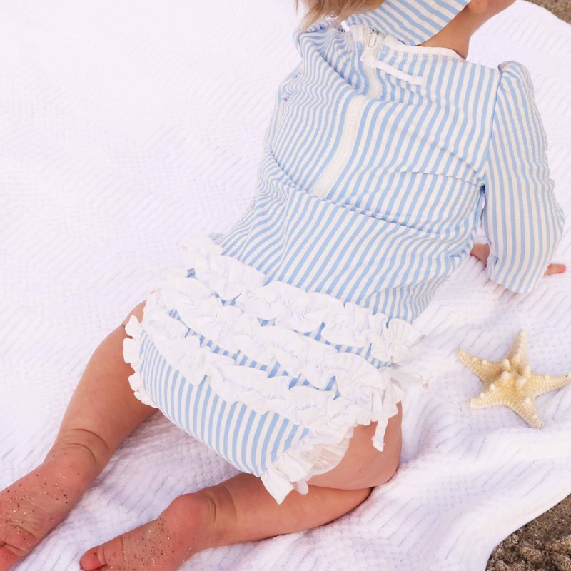 Long Sleeve Rash Guard With Ruffle Bottom | Seersucker Blue