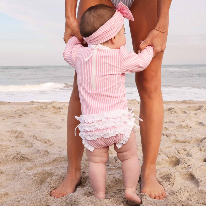 Long Sleeve Rash Guard With Ruffle Bottom | Seersucker Dusty Pink