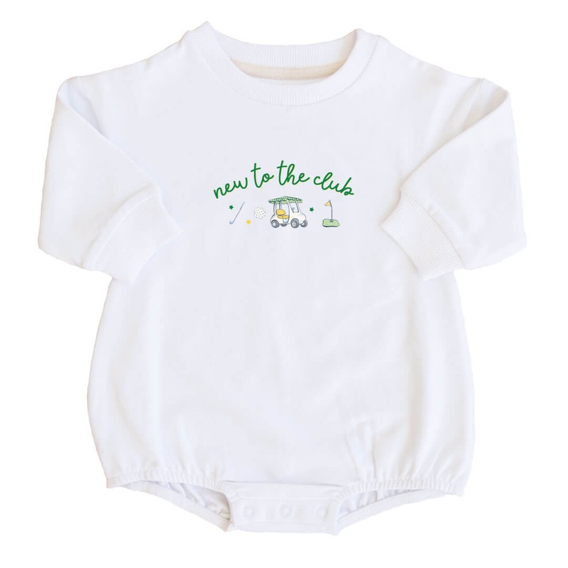 New To The Club Graphic Sweatshirt Bubble Romper | White