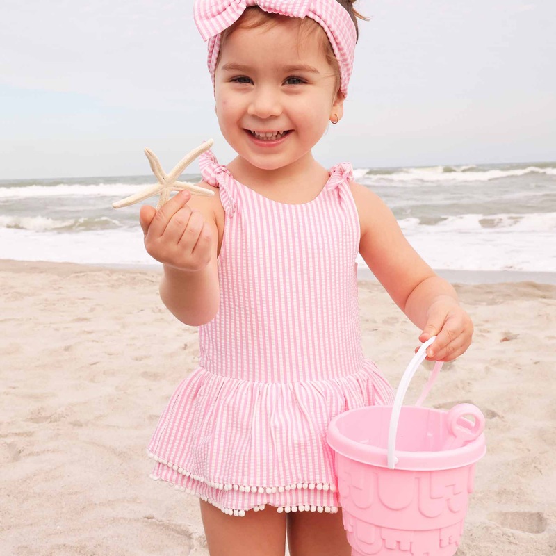 Tiered Skirt with White Pom Trim | Seersucker Dusty Pink