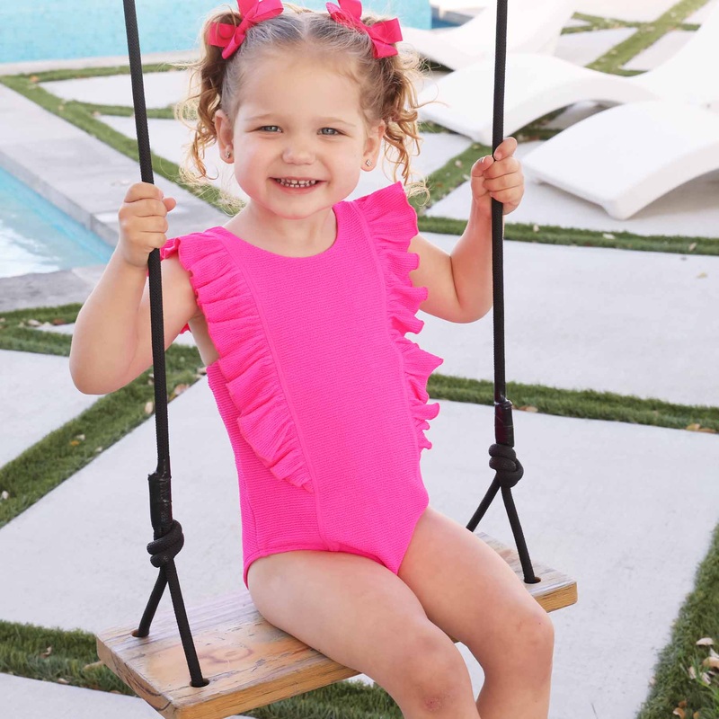 Double Ruffle Crinkle One-Piece | Neon Pink