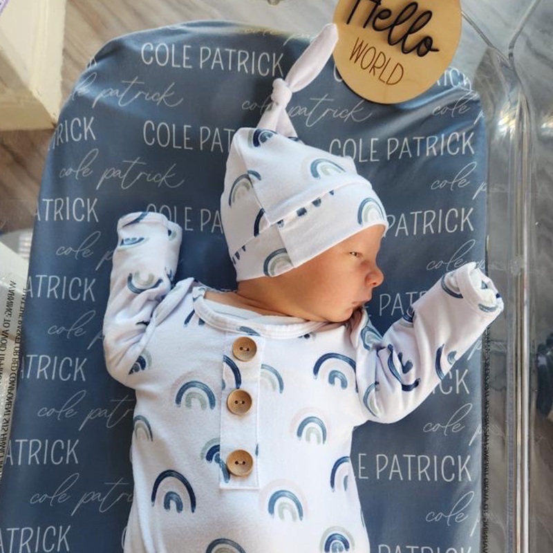 Brooks’ Blue Rainbows Newborn Baby Knot Gown & Hat Set