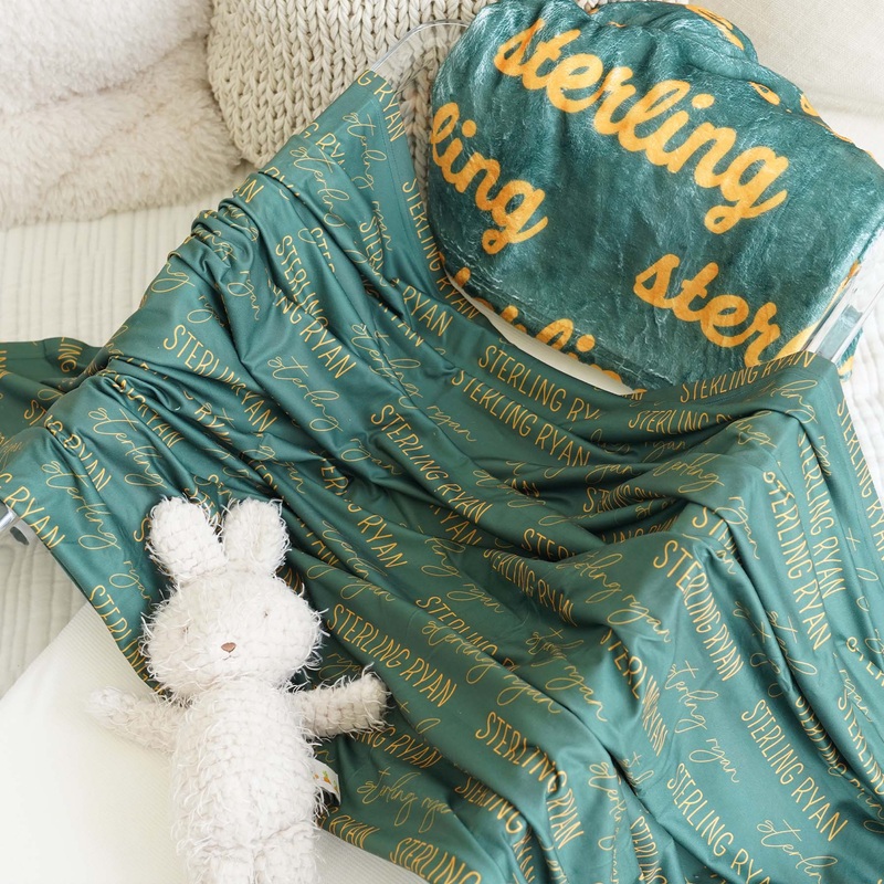 Personalized Bear Green Baby Name Swaddle Blanket – Block & Script