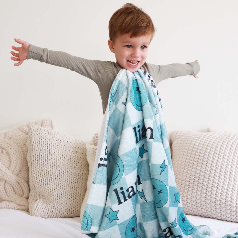 Smiley Face Check Personalized Kids Blanket | Green