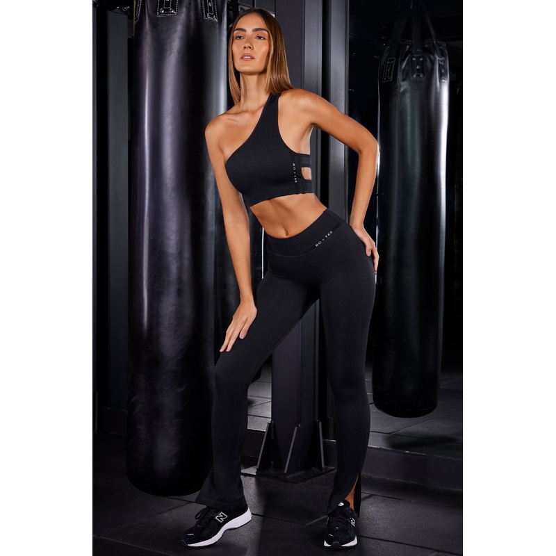 All Fired Up – High Waist Split Flare Ribbed Leggings in Black