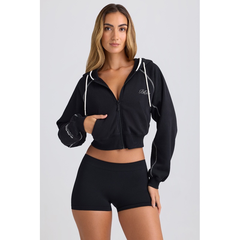 Zip-Up Cropped Hoodie in Black