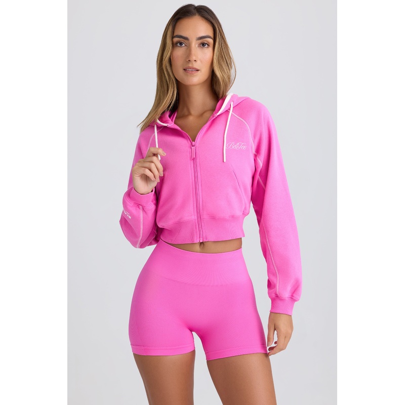 Zip-Up Cropped Hoodie in Sugar Pink