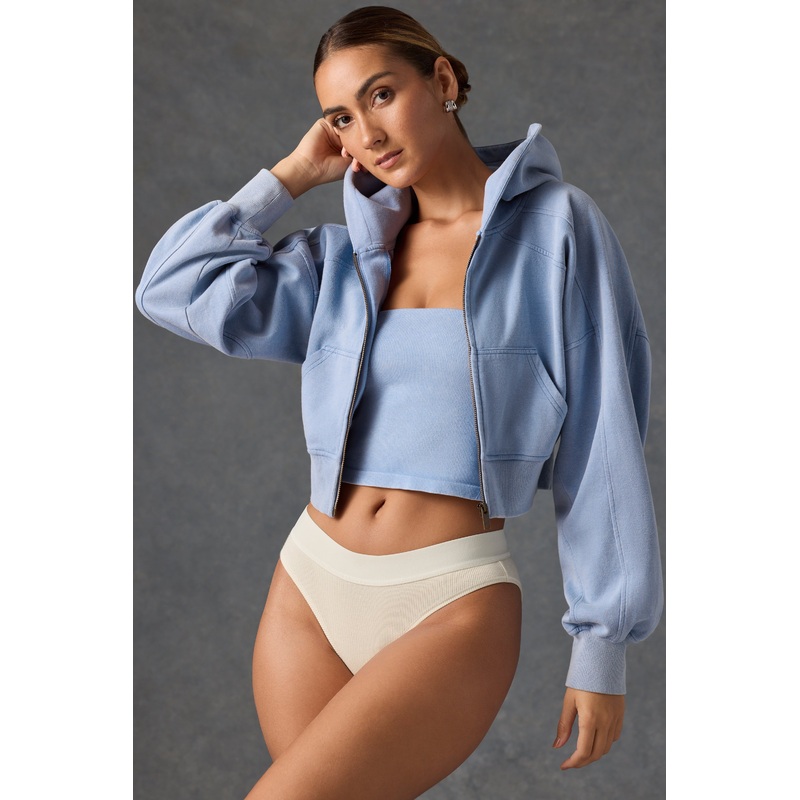 Zip-Up Cropped Hoodie in Washed Blue