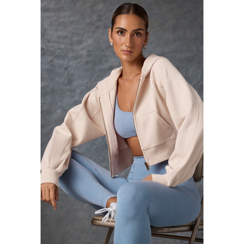 Zip-Up Cropped Hoodie in Washed Cream