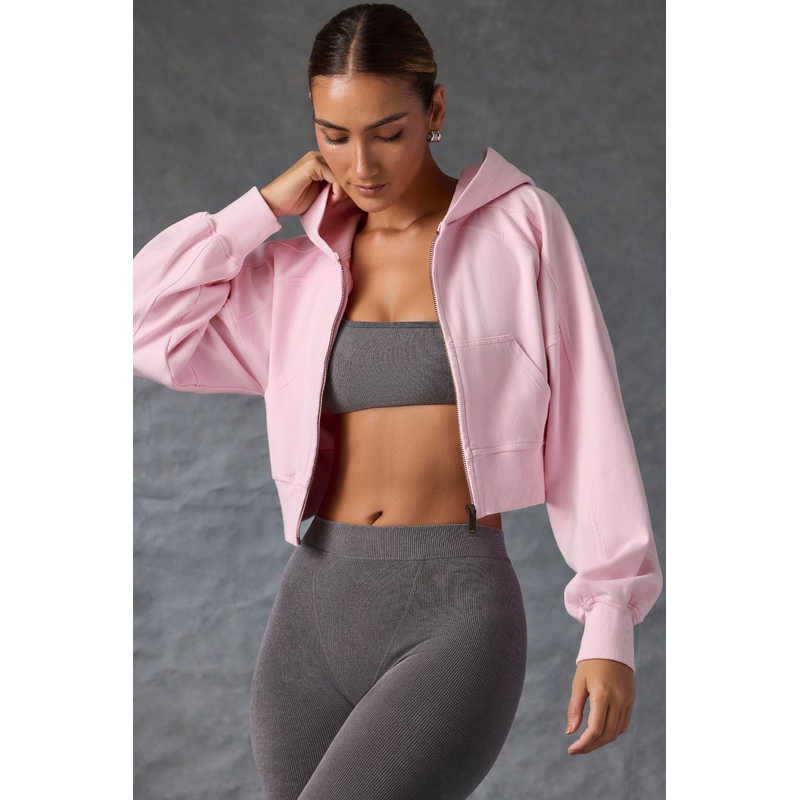 Zip-Up Cropped Hoodie in Washed Ice Pink