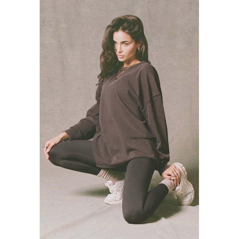 Acid Wash Long-Sleeve Oversized T-Shirt in Brown