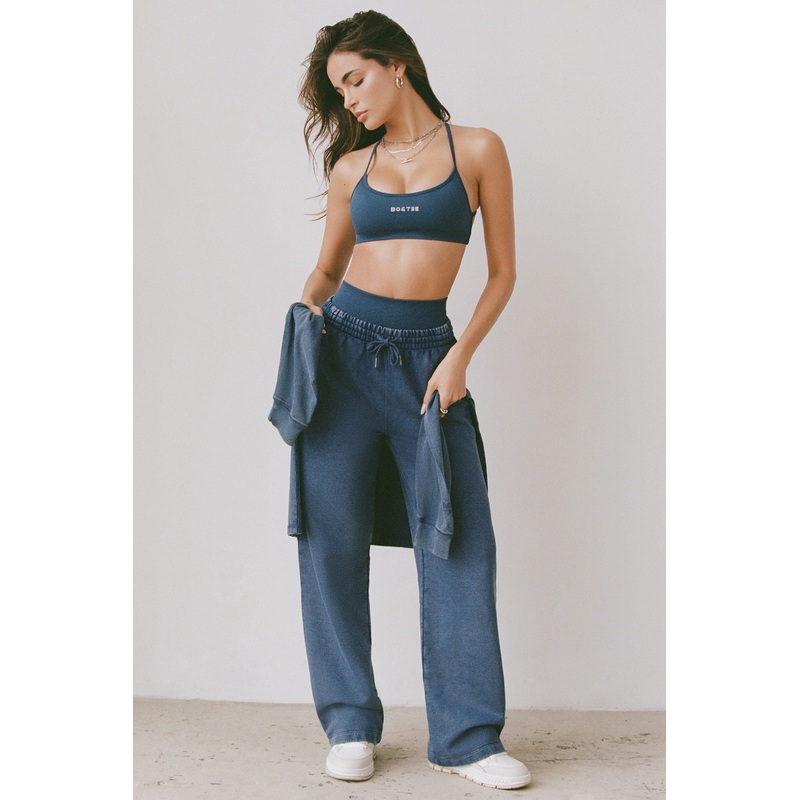 Acid Wash Mid-Rise Wide-Leg Joggers in Blue