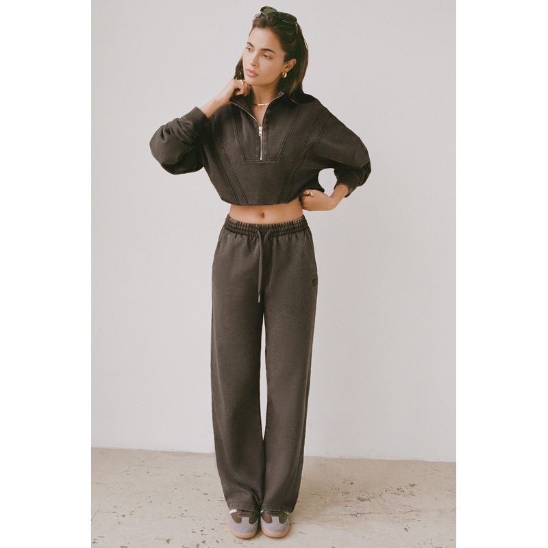 Acid Wash Mid-Rise Wide-Leg Joggers in Brown