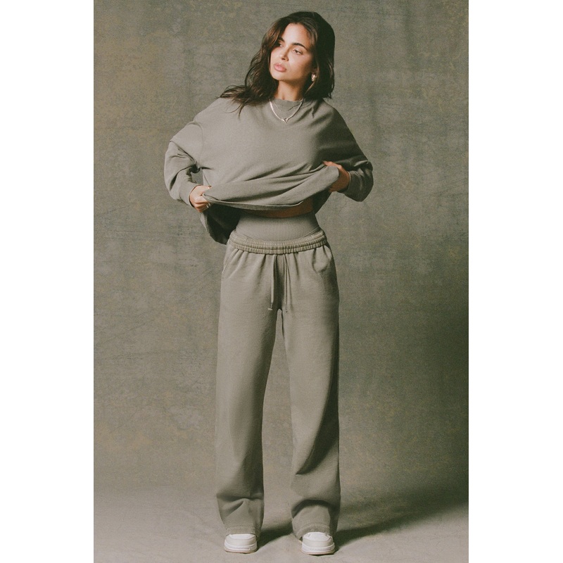 Acid Wash Mid-Rise Wide-Leg Joggers in Light Green