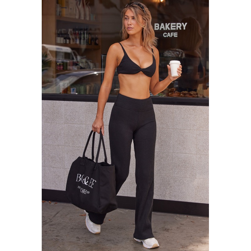 Alignment – Soft Rib High Waist Fold Over Trousers in Black