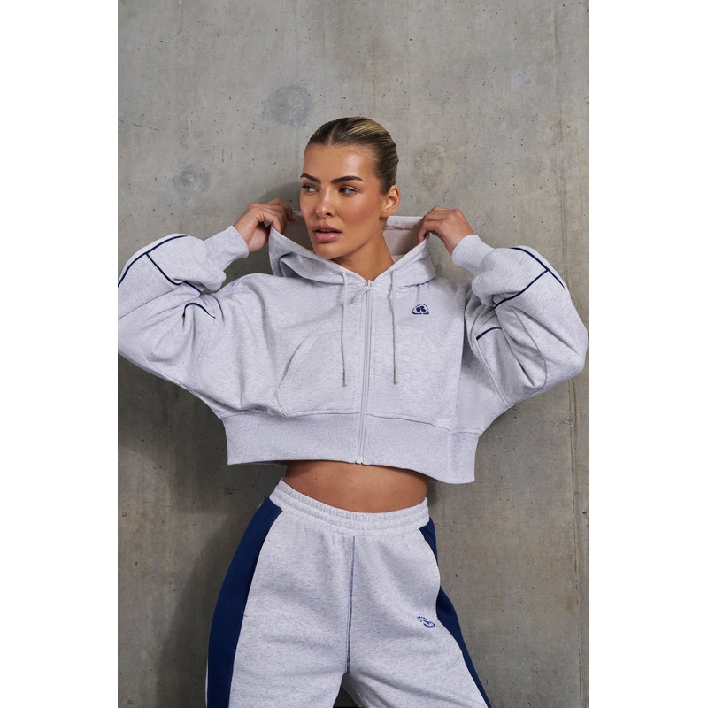 Ambition – Waffle Lined Cropped Zip Up Hooded Jacket in Heather Grey
