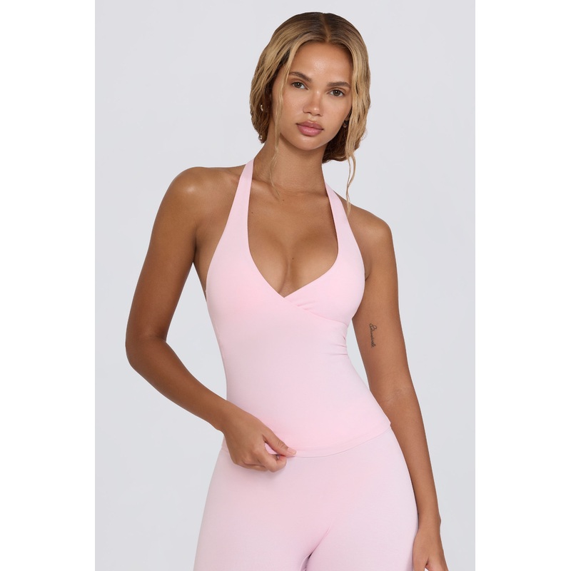 Wrap Halterneck Tank Top in Pale Pink Marl