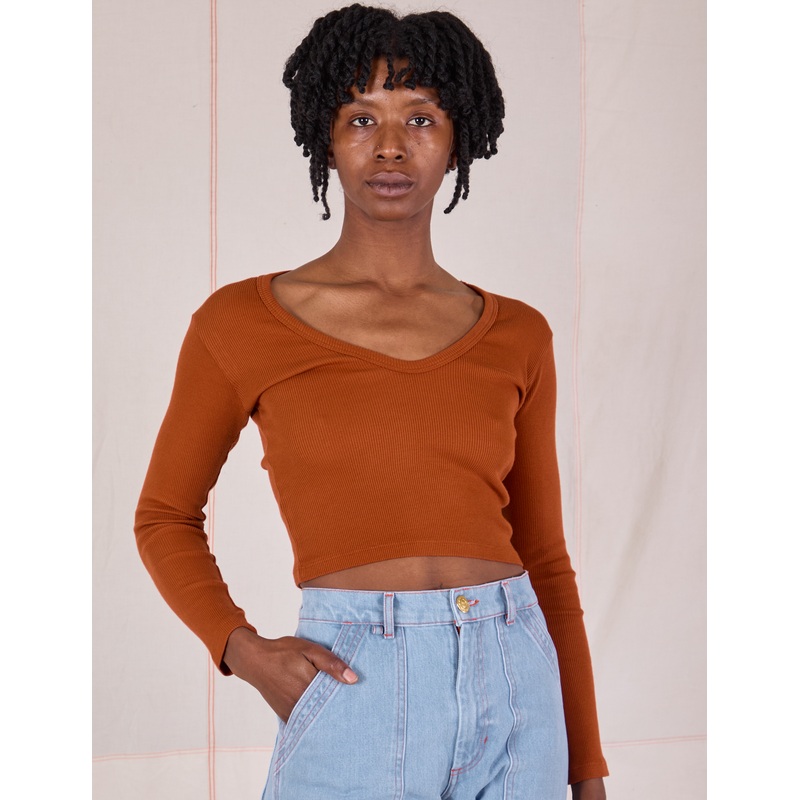 Long Sleeve V-Neck Tee – Burnt Terracotta *FINAL SALE*
