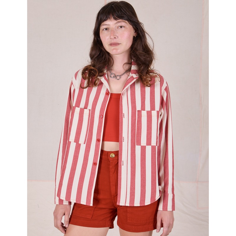 Cropped Overshirt – Summer Stripe – Cherry Red